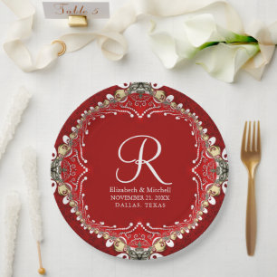 Prato De Papel Casamento Red Bohemian Batik Monograma V2