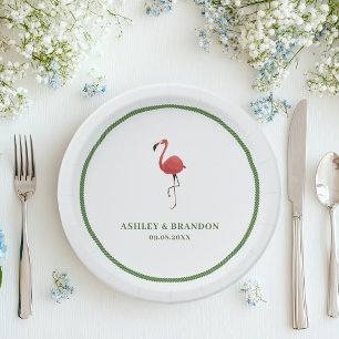 Prato De Papel Casamento Retrô de Praia Flamingo Trópicos