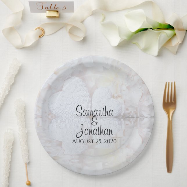 Prato De Papel Casamento Romântico com Corações Brancos Reflexivo (Casamento)