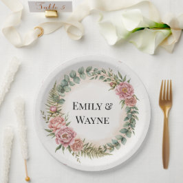 Prato De Papel Casamento Romântico com Flores Rosa e Vegetação