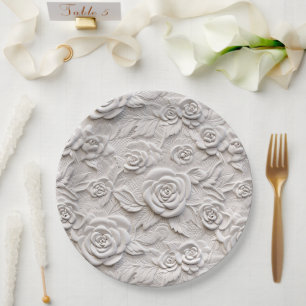 Prato De Papel Casamento Romântico de Rosas Brancas Faux Couro