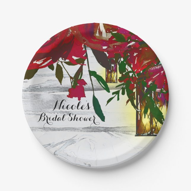 Prato De Papel Casamento Romântico de Rosas e Lanternas Vermelhas (Frente)