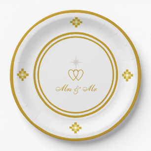 Prato De Papel Casamento Romântico Dourado e Branco