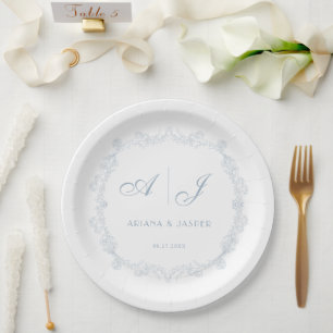 Prato De Papel Casamento Romântico Floral Vintage Azul Empoeirado
