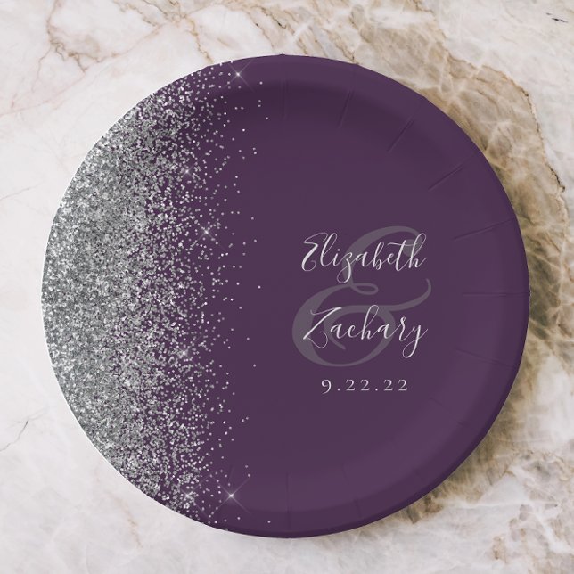 Prato De Papel Casamento Roxo Escuro com Brilho Prateado Moderno (Criador carregado)