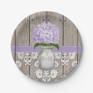 Prato De Papel Casamento roxo Monogrammed do Hydrangea do frasco