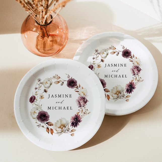 Prato De Papel Casamento Rustic Autumn Marsala Floral Wreath (Criador carregado)