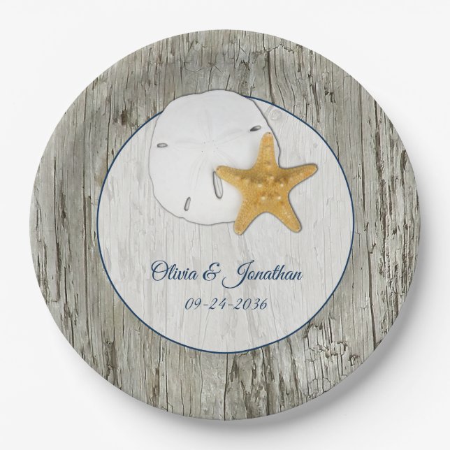 Prato De Papel Casamento Rustic Beach Driftwood Sand Dollar (Frente)
