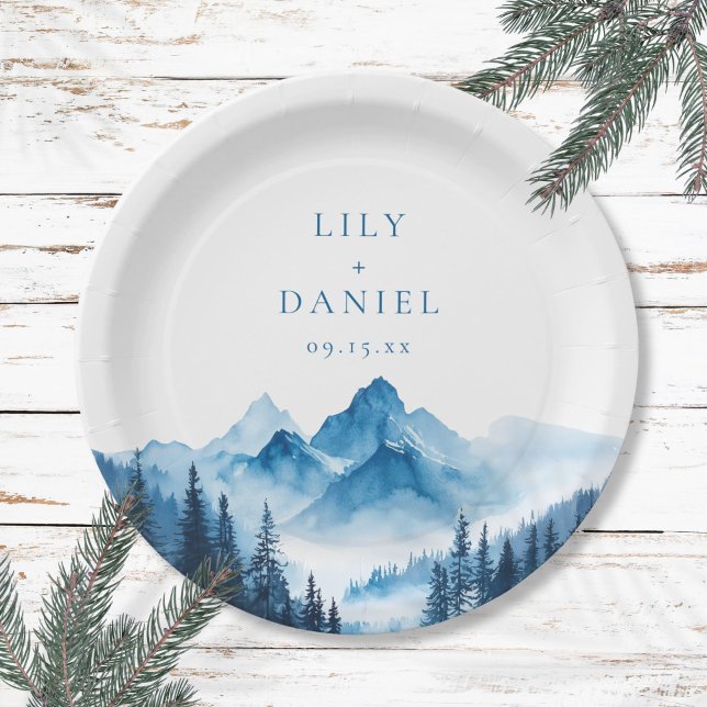 Prato De Papel Casamento Rustic Boho Watercolor Blue Mountain (Rustic Boho Watercolor Blue Mountains Wedding Paper Plates)