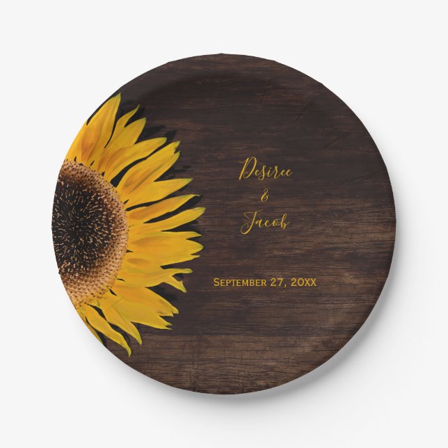 Prato De Papel Casamento Rustic Brown Wood Amarelo Sunflower (Frente)