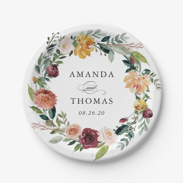 Prato De Papel Casamento Rustic Burgundy Orange Floral Wreath (Frente)