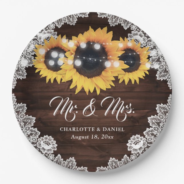 Prato De Papel Casamento Rustic Chic Wood Lace Sunflower (Frente)