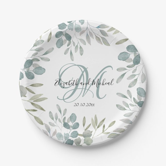 Prato De Papel Casamento Rustic Eucalyptus Sage Green Watercolor (Frente)