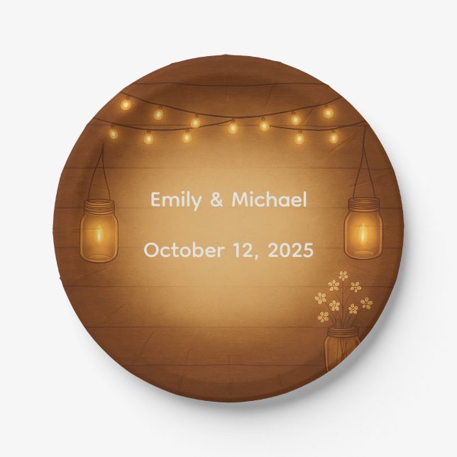 Prato De Papel Casamento Rustic Mason Jar & String Lights (Frente)