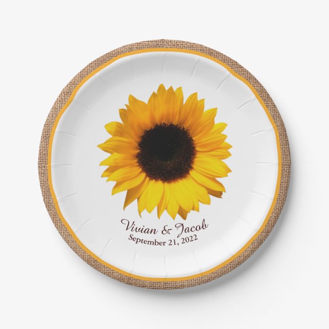 Prato De Papel Casamento Rustic Sunflower e Burlap (Frente)