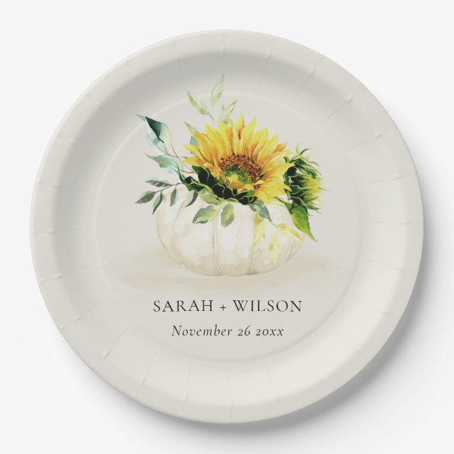 Prato De Papel Casamento Rustic Sunflower Pumpkin Floral Watercol (Frente)
