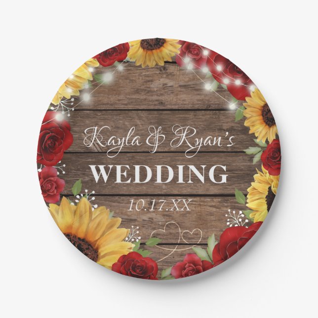Prato De Papel Casamento Rustic Sunflower Rosa Wood Background (Frente)