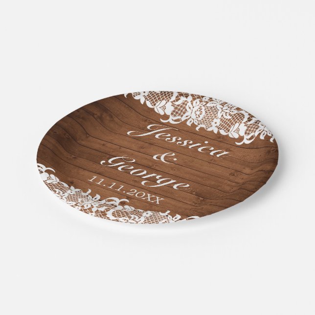 Prato De Papel Casamento Rustic Wood & White Lace (Inclinado)