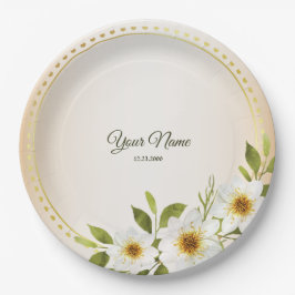 Prato De Papel Casamento Rústico Geométrico Dourado Floral Branco