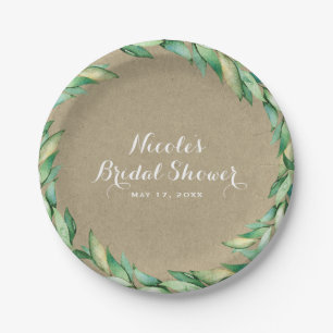 Prato De Papel Casamento Rústico Kraft Folhas Verdes Aquarela