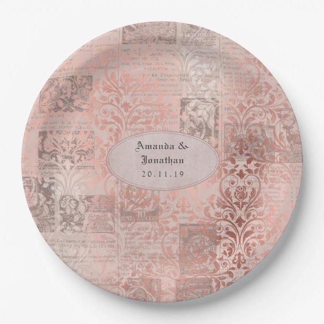 Prato De Papel Casamento Shabby-Chic Dourado Rosa Damask (Frente)