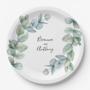 Prato De Papel Casamento Simples Boho Watercolor Eucalyptus Green