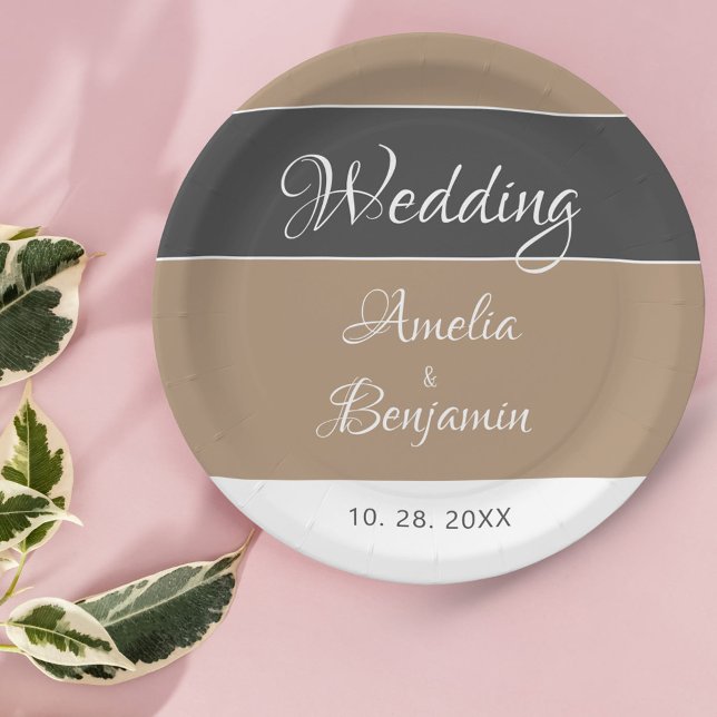 Prato De Papel Casamento Simples de Beige Cinza Elegante (Criador carregado)