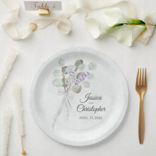 Prato De Papel Casamento Simples de Eucalyptus e Buquê