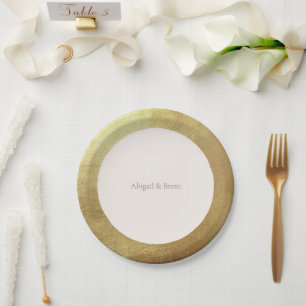 Prato De Papel Casamento Simples de Imagem Dourada Creme e Metáli