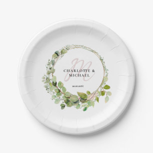 Prato De Papel Casamento simples, elegante, monograma de eucalipt