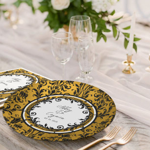 Prato De Papel Casamento tema damasco branco e Dourado elegante