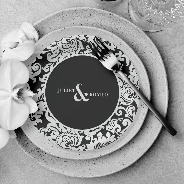 Prato De Papel Casamento tema damasco Floral Elegante Branco e Pr (elegant black and white personalized wedding paper plates)