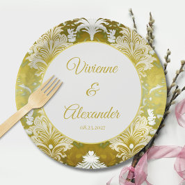 Prato De Papel Casamento tema damasco Verde Dourado Retroativo