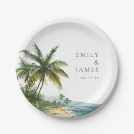 Prato De Papel Casamento Tropical de Praia com Aquarela Moderna