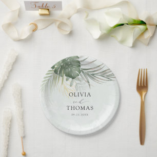 Prato De Papel Casamento Tropical Moderno com Monstera Verde