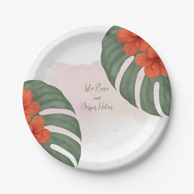 Prato De Papel Casamento Tropical Monstera & Hibiscus (Frente)