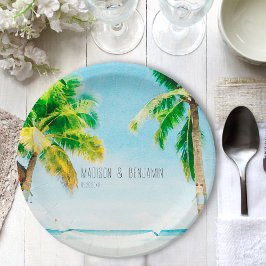 Prato De Papel Casamento Tropical Retrô de Praia com Palmeiras