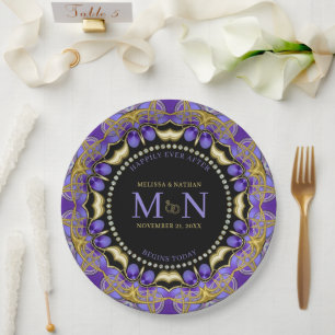 Prato De Papel Casamento Único da Lace Dourada de Diamante Roxo M