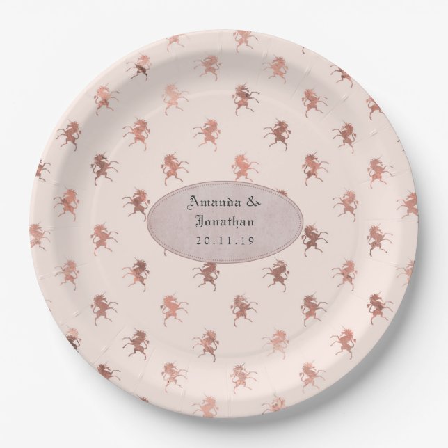 Prato De Papel Casamento Unicórnio rosa Dourado e Blush Foil Vint (Frente)