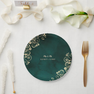 Prato De Papel Casamento Verde Esmeralda com Ondas de Ouro
