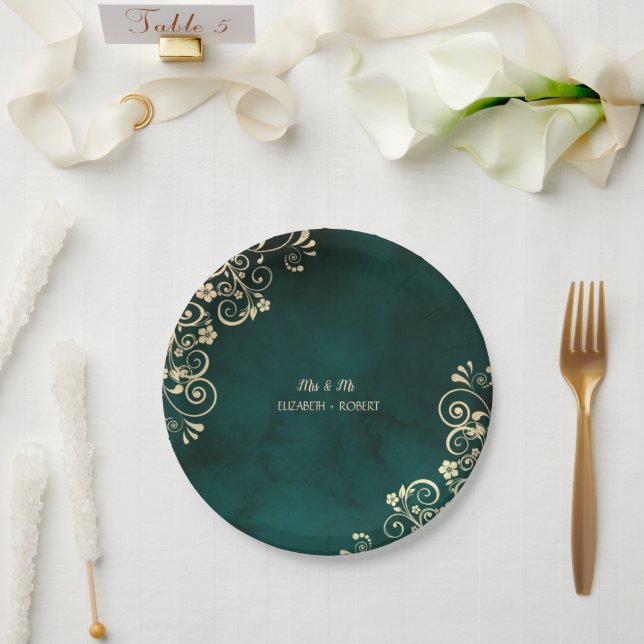 Prato De Papel Casamento Verde Esmeralda com Ondas de Ouro (Casamento)