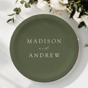 Prato De Papel Casamento Verde-Oliva com Script Elegante Moderno
