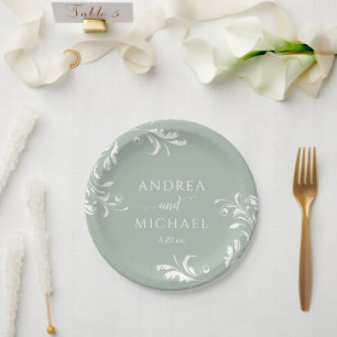 Prato De Papel Casamento Verde Sage Leve Luxo Elegante Floresce