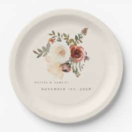 Prato De Papel Casamento Vermelho Floral de Queda Romântica Elega