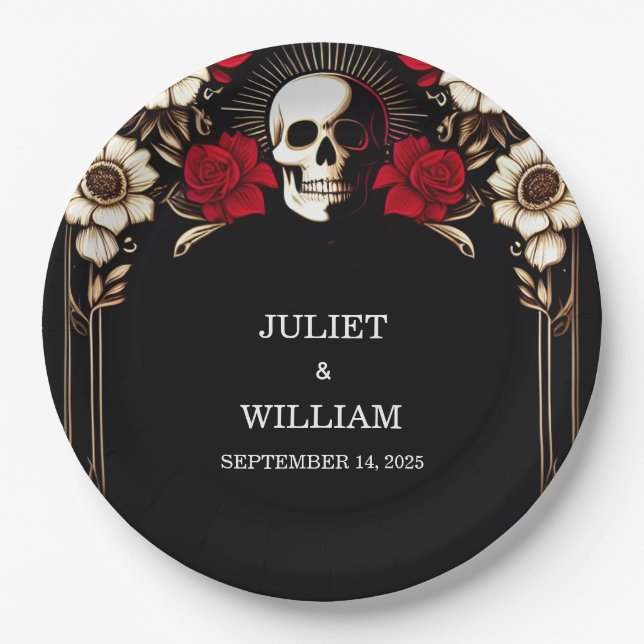 Prato De Papel Casamento Vermelho Negro Vermelho do Coração Branc (Frente)