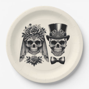 Prato De Papel Casamento Vintage Esqueleto Preto e Dourado Creme 