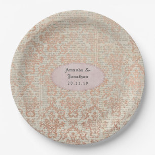 Prato De Papel Casamento Vintage Shabby-Chic em Damasco Dourado-R