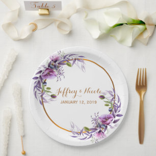 Prato De Papel Casamento violeta da flor da aguarela da papoila