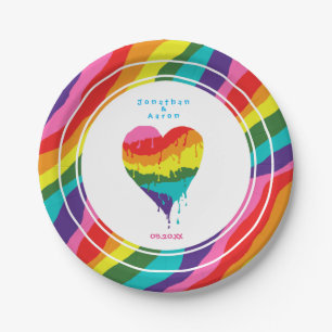 Prato De Papel Casamentos Personalizados Coração Arco-Íris LGBT