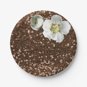 Prato De Papel Castanho Chocolate Branco Floral Jasmine Glitter